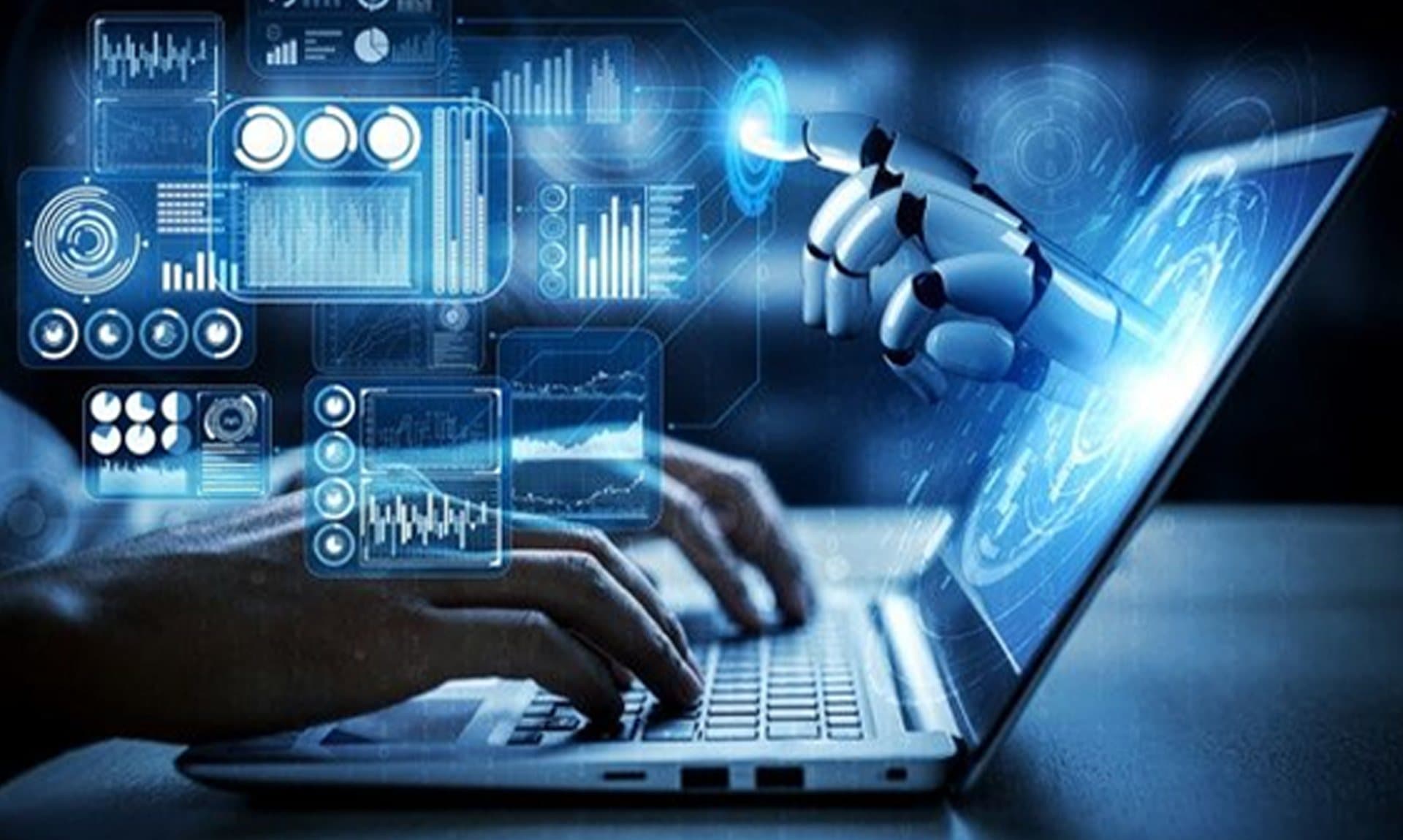 Analytics dashboards floating above a laptop keyboard