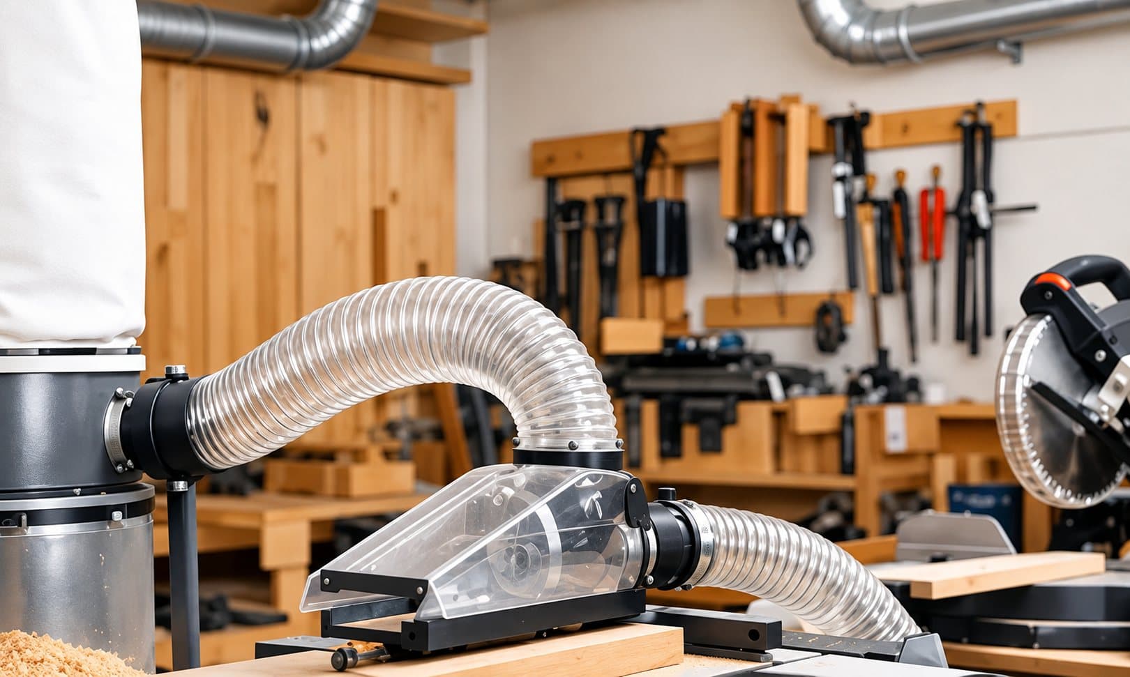 Dust extraction hose attached to a woodworking machine in a workshop