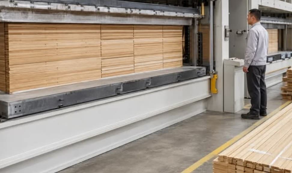 Operator beside a panel processing line with stacked wood panels