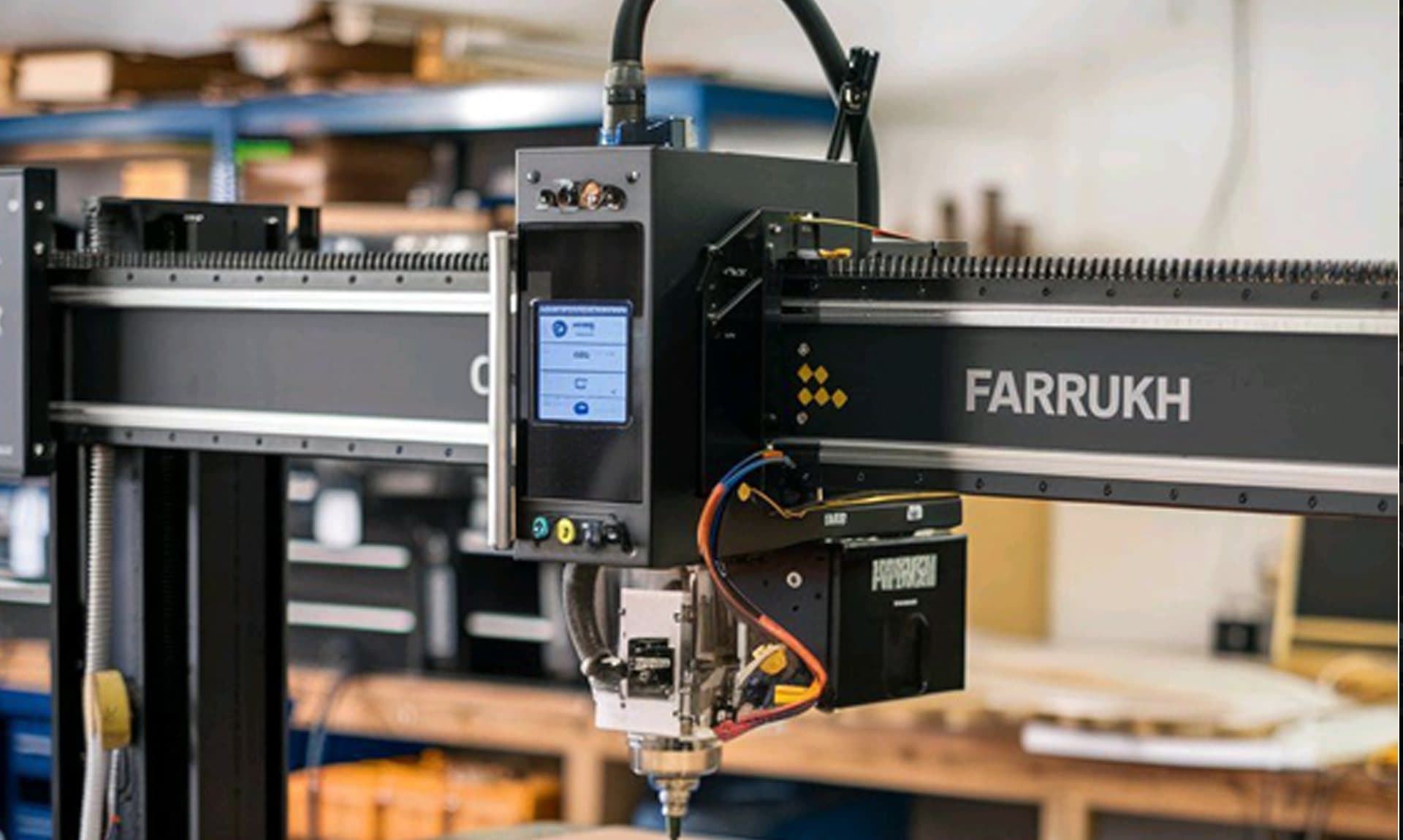 Automated gantry machine mounted on a woodworking line