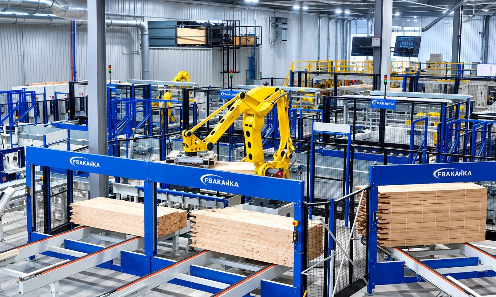 Yellow robotic arm stacking wood panels on a production line