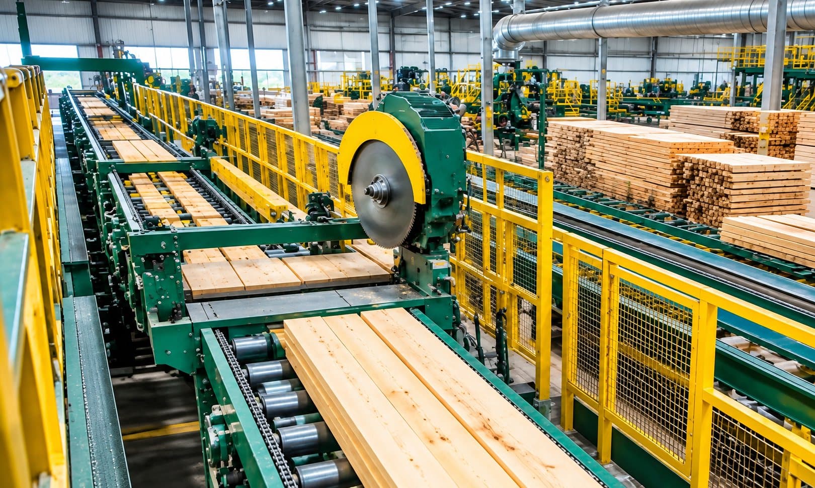 Sawmill conveyor line carrying lumber