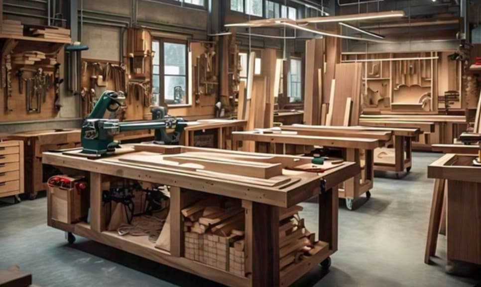 Busy industrial woodworking workshop with benches and machines