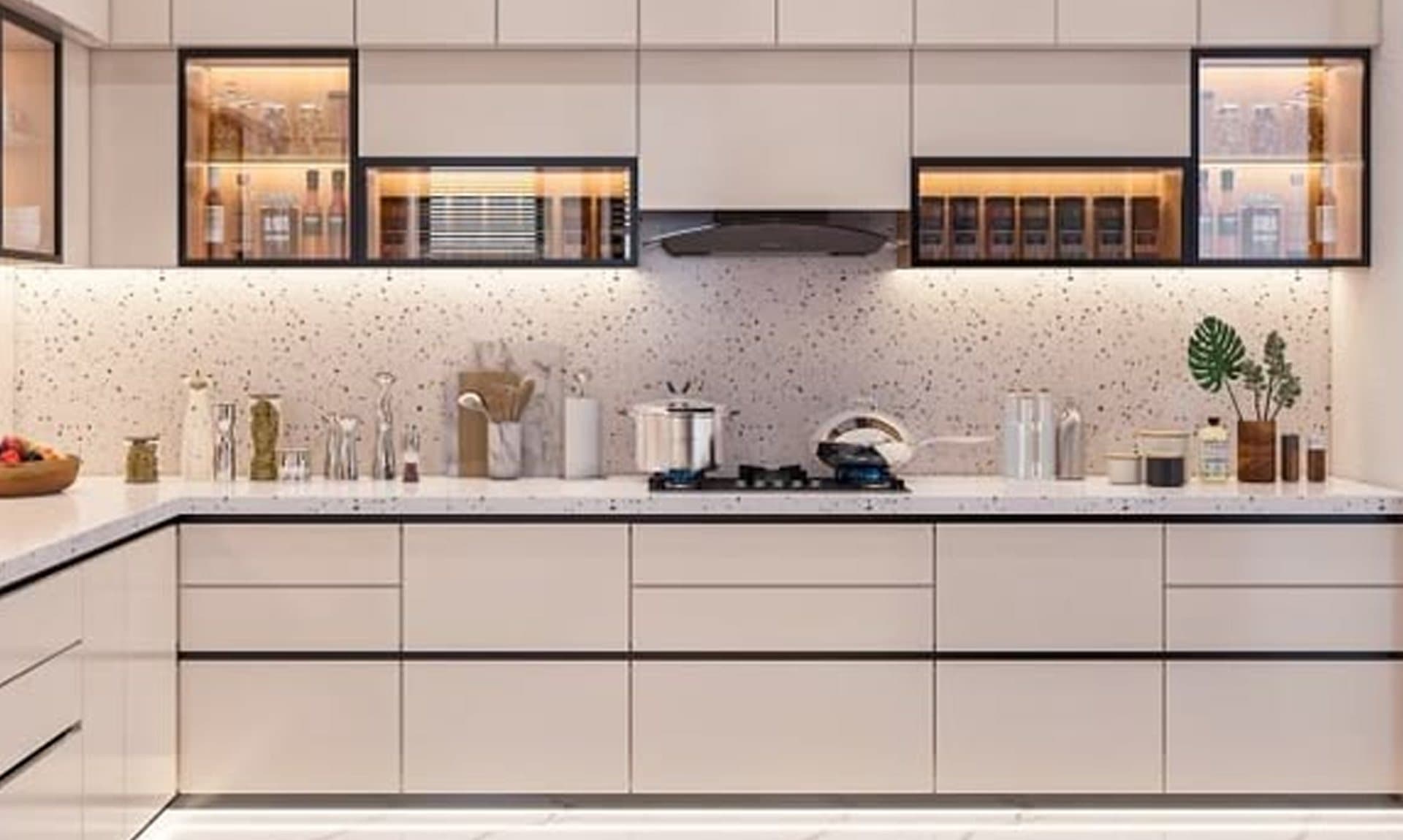 Bright modular kitchen with glass-fronted cabinets
